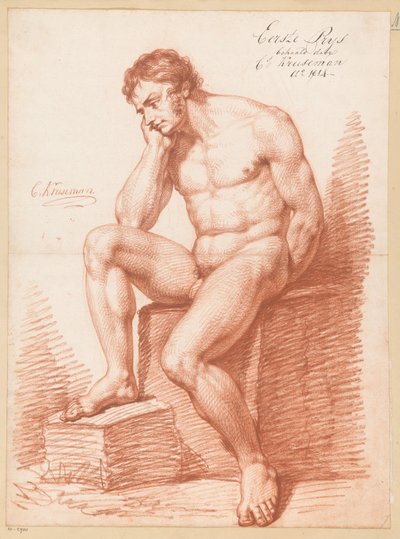 正面から見た裸の男性の着席 (一等賞 1814) 作： Cornelis Kruseman