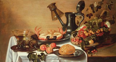 カニのいる果物の静物、水差しの注ぎ口でレーマーをひっくり返した 作： Cornelis Kruys