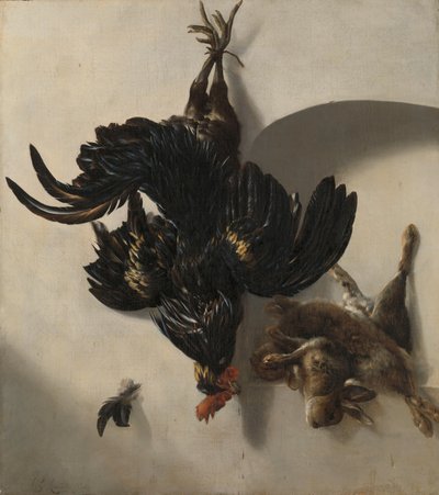 黒い雄鶏と 2 匹のウサギのある静物 作： Cornelis Lelienbergh