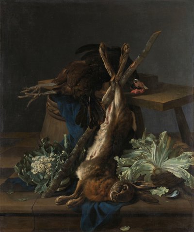 うさぎと黒い雄鶏のある静物 作： Cornelis Lelienbergh
