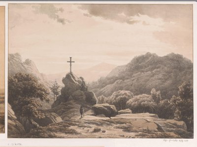 岩の上の十字架のある山の風景 作： Cornelis Lieste