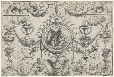 布の下にひざまずく 3 人の人物の装飾 作： Cornelis Massijs (attributed to)