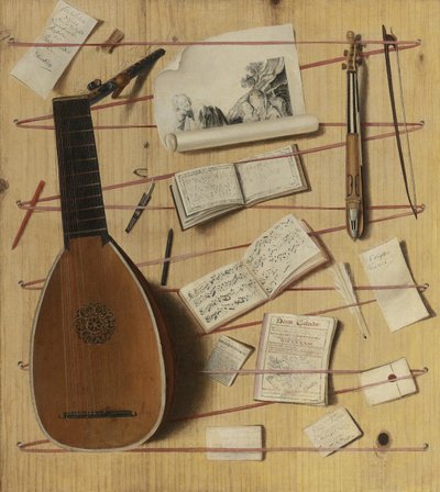 リューム、レベック、楽譜のあるトロンプルーイルの静物 作： Cornelis Norbertus Gijsbrechts