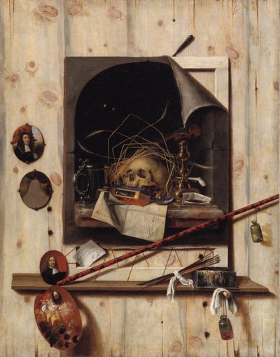 スタジオウォールとヴァニタススティルライフのあるトロンペルーイル、1668年 作： Cornelis Norbertus Gijsbrechts