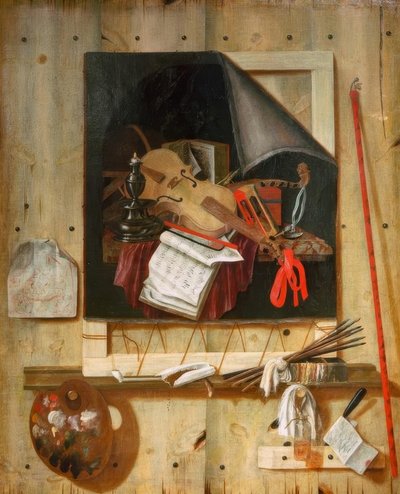 スタジオの壁とヴァニタスの静物画が飾られたTrompel&39;Oeil 作： Cornelis Norbertus Gysbrechts