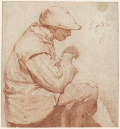ソフト キャップを被り、右手を挙げて右の横顔で座っている男性 作： Cornelis Pietersz. Bega (attributed to)