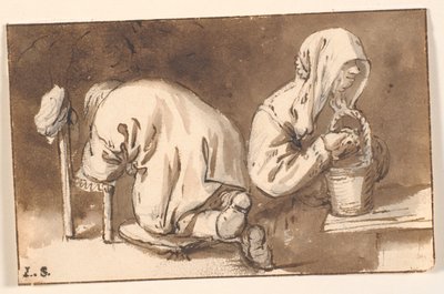 ひざまずく男性とバスケットを持つ女性 作： Cornelis Pietersz Bega