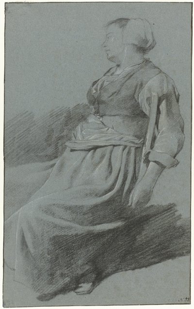 左を向いて帽子をかぶり、腕を椅子の背もたれに掛けて座っている女性 作： Cornelis Pietersz. Bega