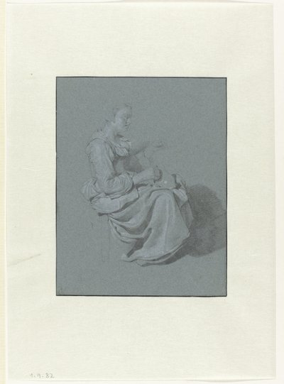 右手にピッチャーを持ち、右横顔で座っている女性 作： Cornelis Pietersz. Bega