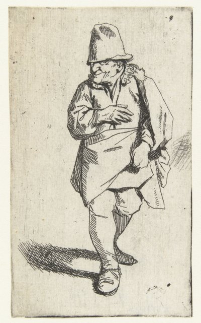シルクハットまたはキャップをかぶり、右手を胸の前に置いた立っている男性 作： Cornelis Pietersz. Bega
