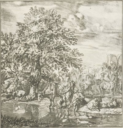 川で群れを持つ羊飼いと羊飼い 版画（連載タイトル） 作： Cornelis Ploos van Amstel