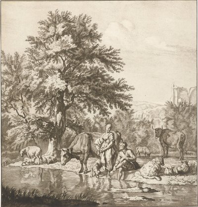 川で群れを持つ羊飼いと羊飼い 版画（連載タイトル） 作： Cornelis Ploos van Amstel