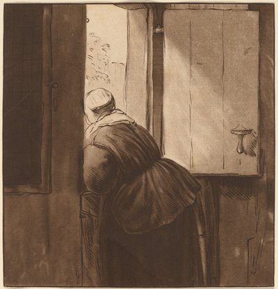 下のドアに寄りかかる女性、1761年、1765年に出版。 作： Cornelis Ploos van Amstel