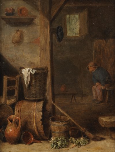キッチンのインテリアと隣の部屋に座る人物 作： Cornelis Saftleven