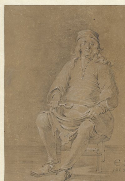 膝の上にボウルを置いて座っている男性 作： Cornelis Saftleven