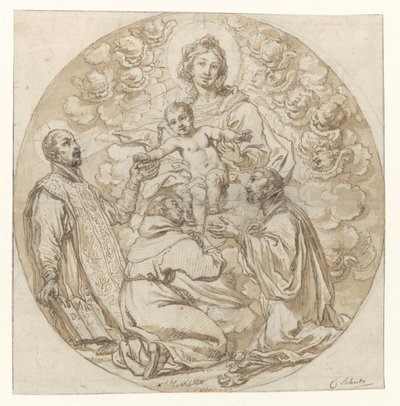 ロヨラの聖イグナチオ、聖フランシスコ・ザビエル、修道士に愛される聖母子 作： Cornelis Schut (I)