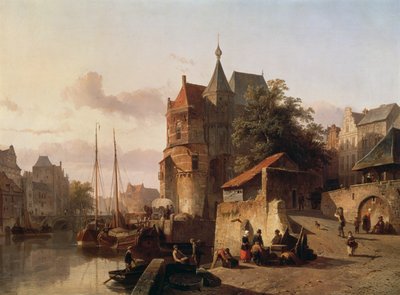 オランダのシーン：運河のほとりにある要塞化された建物 作： Cornelis Springer