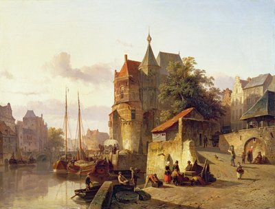 運河のほとりにある要塞化された建物 作： Cornelis Springer
