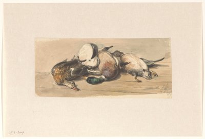 4羽のアヒルのある静物 作： Cornelis Springer