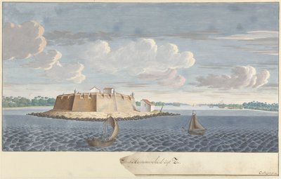 海から見たセイロンのハンメンヒル要塞 (フンメニル) Fortres Hammenhiel uijt Zee (オブジェクトのタイトル) 作： Cornelis Steiger