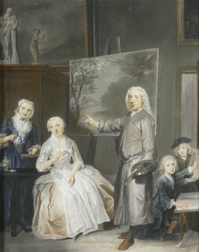 風景画家ディルク ダレンス 3 世 (1688-1753) と 2 番目の妻マリア シャーク (1766 年死去) と子供たちのアンナ (1725 年生まれ)、ウィレム (1737-60)、ヤコブス (1741-63) 作： Cornelis Troost