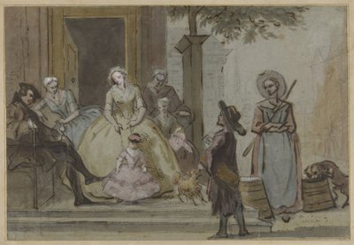 タウンハウスの前の階段で聞いている家族のためのハーディガーディ奏者 作： Cornelis Troost