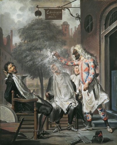 ハーレクイン、マジシャン、理髪師：露出したライバル、1738年 作： Cornelis Troost