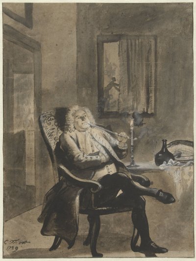 外の家が炎上している間、ろうそくの明かりでパイプを吸っている座っている男 作： Cornelis Troost
