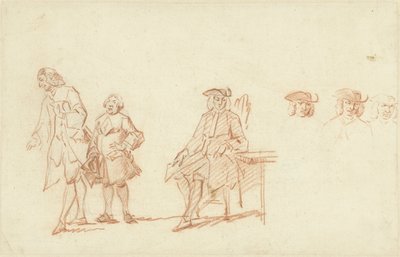2 人の立っている男性と 1 人の座っている男性が描かれた学習シート。頭が 3 回繰り返されます。 作： Cornelis Troost