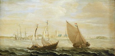 ズイダーゼー（北海）の港の沖合に浮かぶヨットとオランダの小型帆船。 作： Cornelis Verbeeck