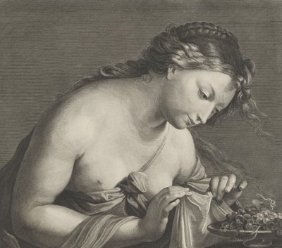ぶどうの大皿に寄りかかり、両手で一枚の布を持ち上げるエリゴネ。 1700年。 作： Cornelis Vermeulen