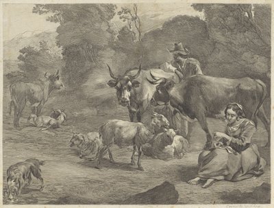 羊飼いと裁縫する羊飼いのいる風景 作： Cornelis Visscher (II)