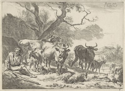 群れと一緒に年老いた羊飼いを休ませる 風景（シリーズタイトル） 作： Cornelis Visscher (II)