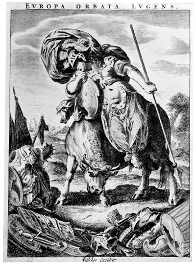 17世紀初頭の1926年のヨーロッパの寓話的な眺め。 作： Cornelis Visscher