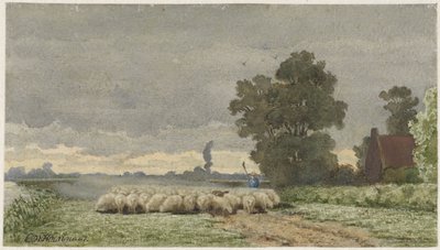 羊の群れのある風景 作： Cornelis Willem Hoevenaar (II)