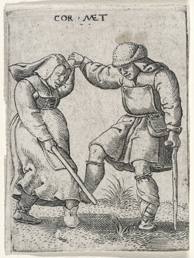 女性と一緒に踊る包帯を巻いた足を持つ男、1572年（敷設紙に彫刻） 作： Cornelis after Massys