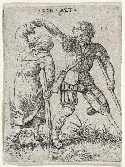 ライムの女性を腕の下に向ける木製の脚を持つ男、1572年（敷き紙に彫刻） 作： Cornelis after Massys