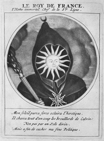 ルイ14世（1638〜1715年）のプロテスタント風の似顔絵。ルイ14世主導のレヘロスドラリグエまたはラプロセションモナカレのイラスト。 作： Cornelis and Gole, Jacob Dusart