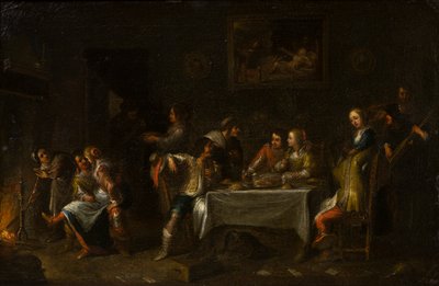 テーブルの周りでごちそうを食べる紳士淑女、c.1612-67（油、キャンバス、紙） 作： Cornelis de (attr. to) Wael