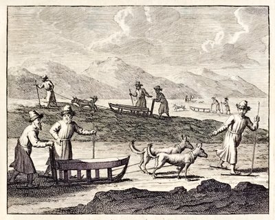 シベリアを犬ぞりで旅するロシア人。 コルネイユ・ル・ブランの航海記より。1718 作： Cornelis de Bruyn