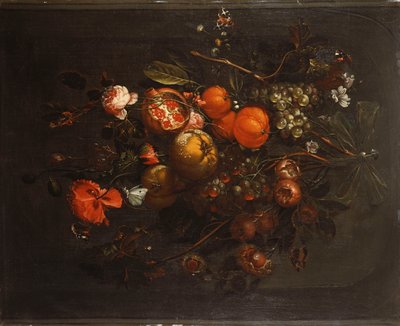 ニッチの釘からぶら下がっている果物と花の花束 作： Cornelis de Heem