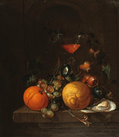 レッジのレモン、オレンジ、ブドウ、オイスター、グラスワイン 作： Cornelis de Heem