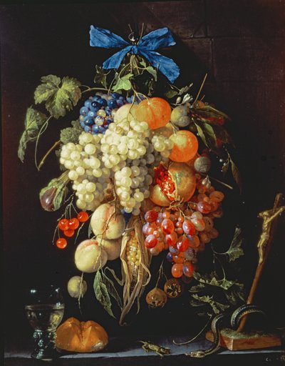 下の棚に聖体のシンボルが付いたフルーツの花束 作： Cornelis de Heem