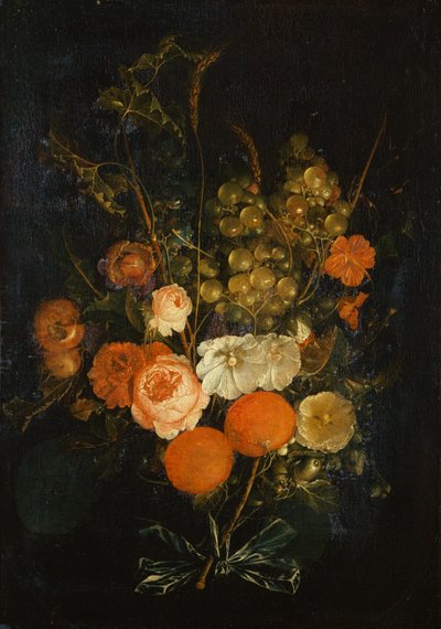 バラ、カーネーション、オレンジ、ブドウ、どんぐり、栗の束 (キャンバスに油彩) 作： Cornelis de Heem