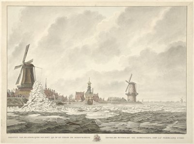 1799 年 2 月 20 日、ホリンヘムのルンモーレンの後ろの欄干の上と反対側の氷の頂上の眺め 作： Cornelis de Jonker