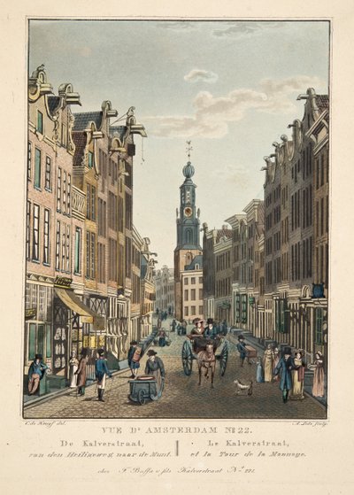 Vue d&39;Amsterdam No. 22。 Kiverstraat、HeiligewegからMuntまで。ルカルベール、エラトゥールドラモンノエ、1825年（手描きの彫刻） 作： Cornelis de Kruyff
