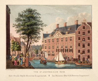 Vue d&39;Amsterdam No. 35。古いZijd Heeren-Logement。 La Maison dite OZ Heeren-Logement、1825年（手描きの彫刻） 作： Cornelis de Kruyff