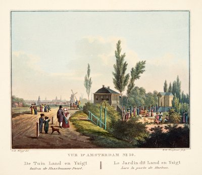 Vue d&39;Amsterdam No. 39。ガーデンランドとハージマーポールトの外のイツィクト。 Le Jardin dit Land en Yzigt hors la porte de Harlem、1825（hand-colored engraving） 作： Cornelis de Kruyff
