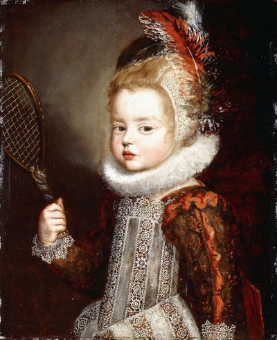 テニスラケットを持っている半分の長さの少女の肖像画 作： Cornelis de Vos