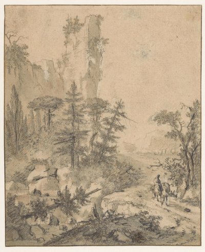 2 つのラバを持つ男と山道 作： Cornelis de Wael